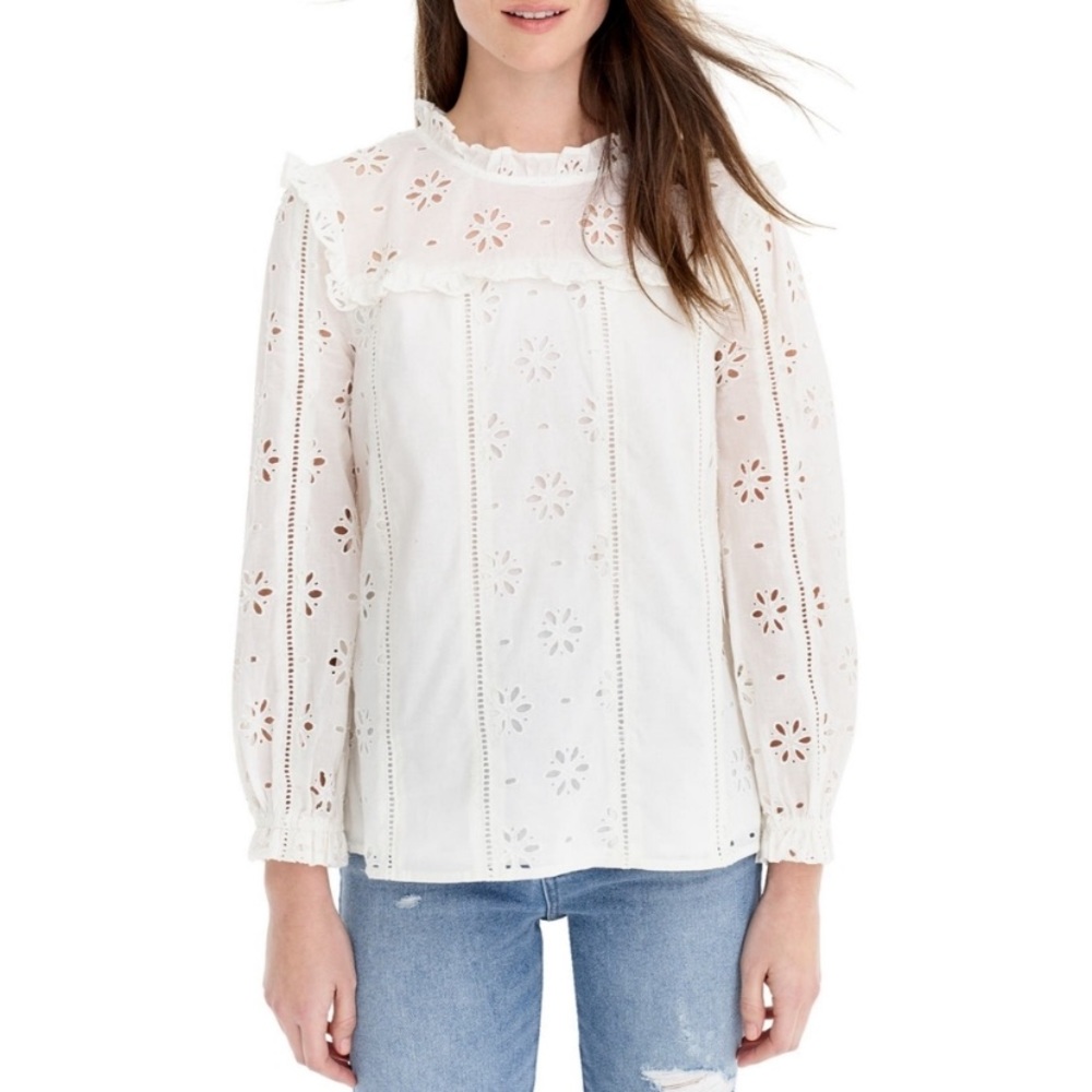 J. Crew Ruffle Neck Long Sleeve Ivory Eyelet Top